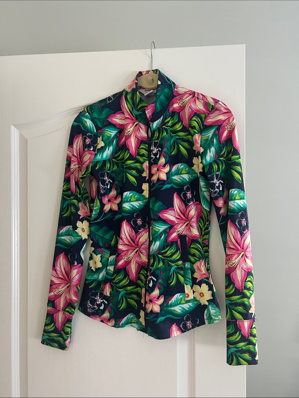 Tommy Bahama Floral Zip Front Top Pink Green XS